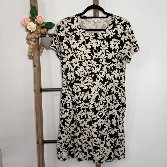 J Jill Floral Black Cream Leaf Short Sleeve Tunic Dress Size Small Petite - Picture 1 of 8